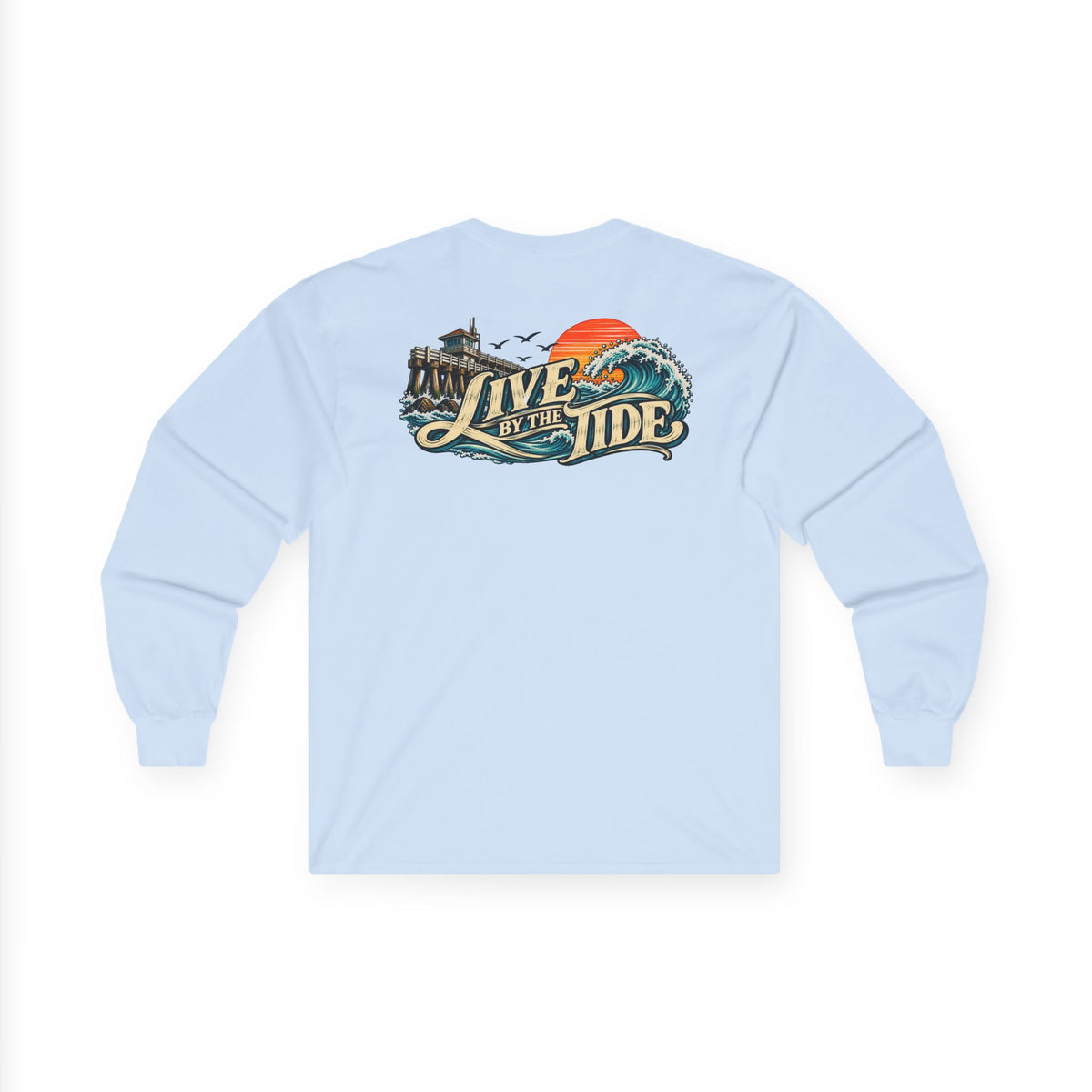 Long Sleeve Tee — "Live by the Tide" Coastal Surf Graphic