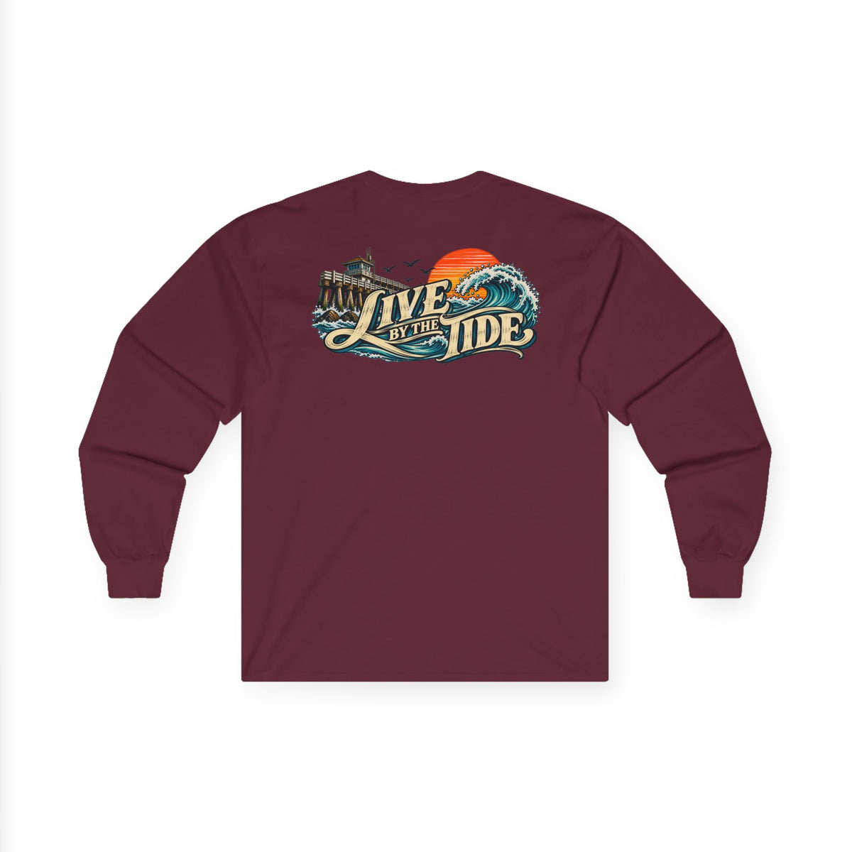 Long Sleeve Tee — "Live by the Tide" Coastal Surf Graphic