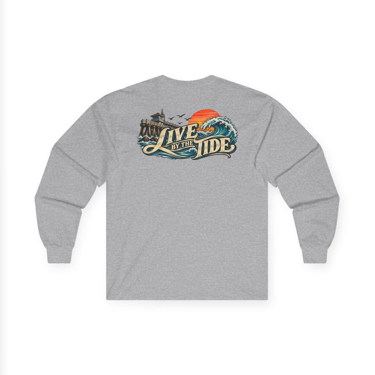 Long Sleeve Tee — "Live by the Tide" Coastal Surf Graphic