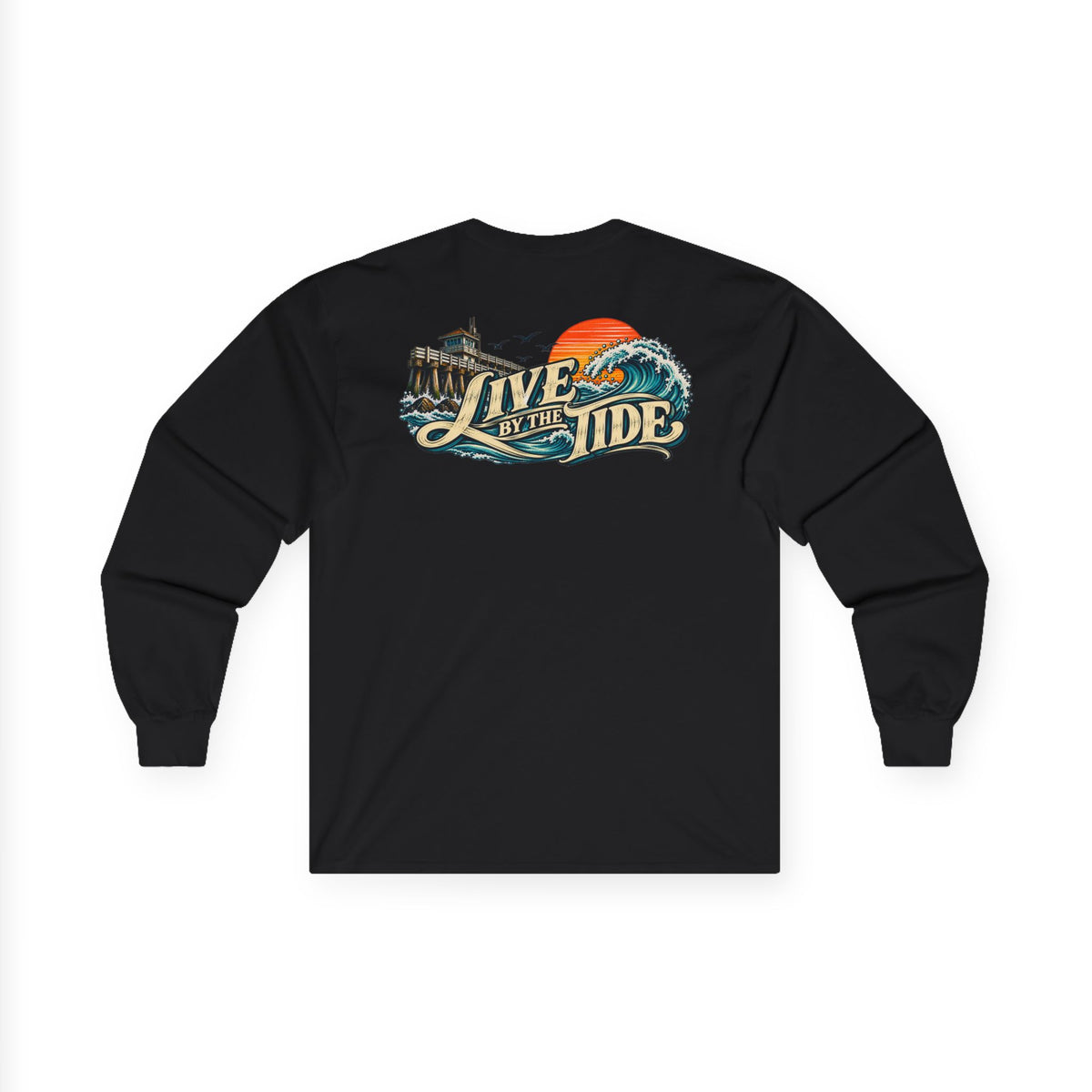 Long Sleeve Tee — "Live by the Tide" Coastal Surf Graphic