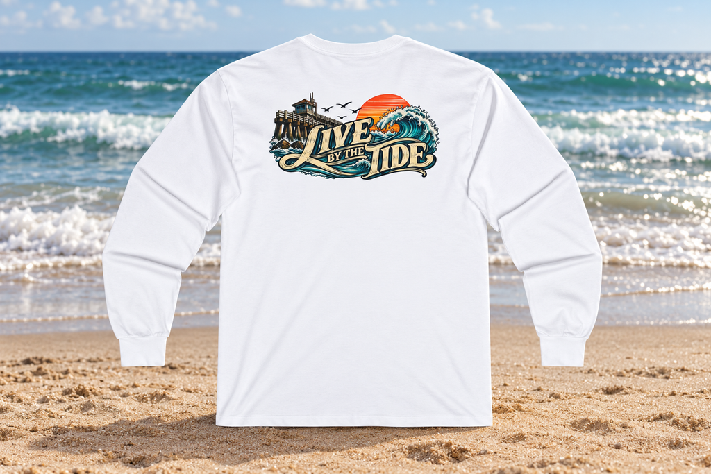 Long Sleeve Tee — "Live by the Tide" Coastal Surf Graphic