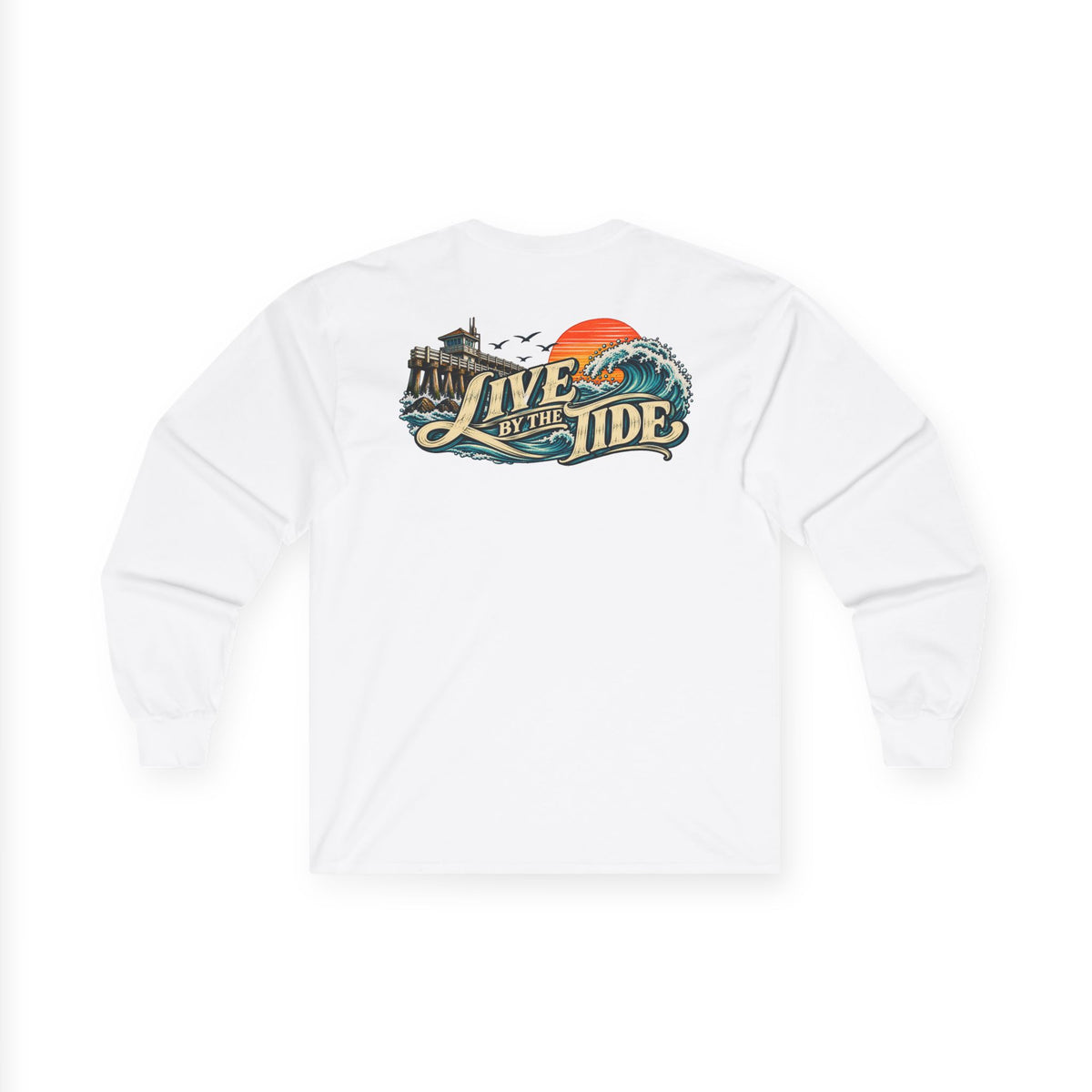 Long Sleeve Tee — "Live by the Tide" Coastal Surf Graphic