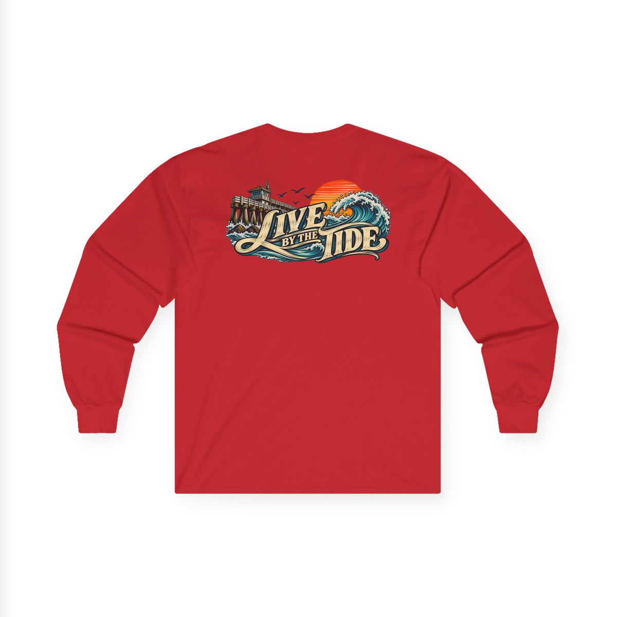 Long Sleeve Tee — "Live by the Tide" Coastal Surf Graphic