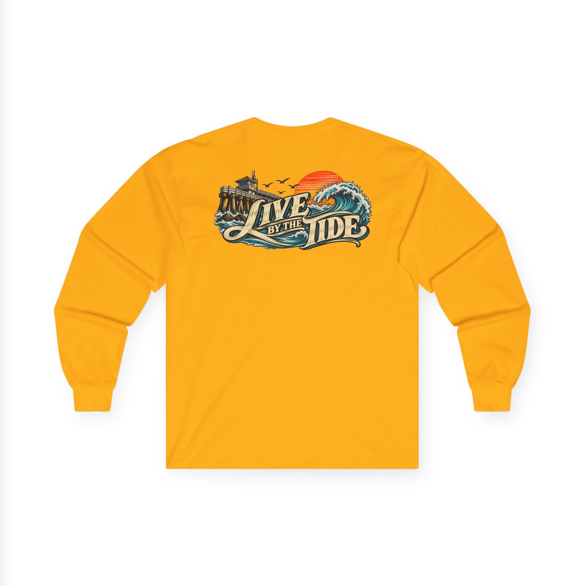 Long Sleeve Tee — "Live by the Tide" Coastal Surf Graphic
