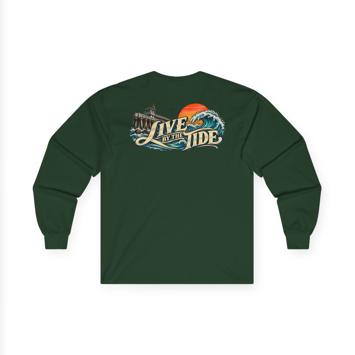 Long Sleeve Tee — "Live by the Tide" Coastal Surf Graphic