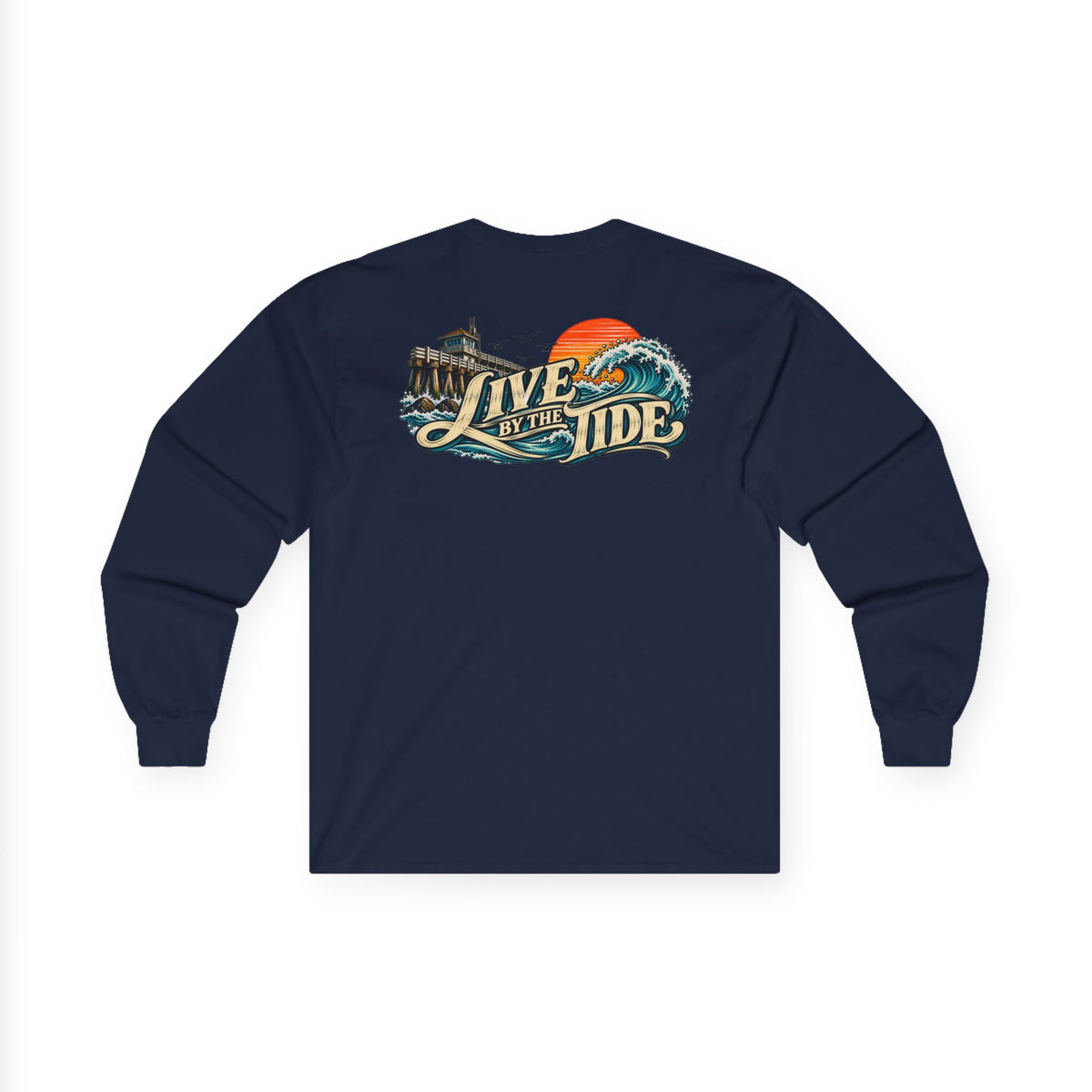Long Sleeve Tee — "Live by the Tide" Coastal Surf Graphic